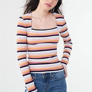 Aeropostale Bodycon Striped Square Neck Long Sleeve Top